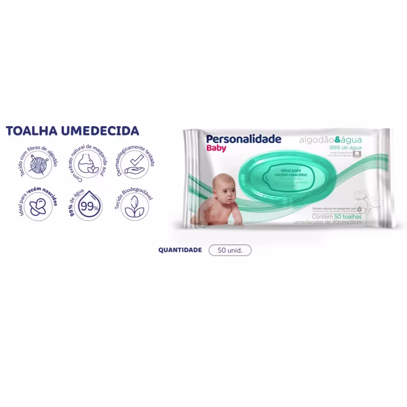 Toalha Umedecida Personalidade Baby Recem Nascido Sem Cheiro Algodao e Agua 50 Unidades