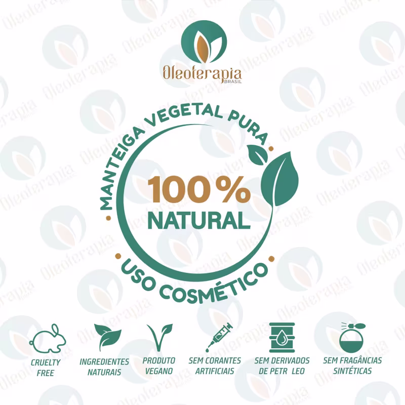 A imagem mostra o logotipo da marca, características do produto: 100% natural, sem corantes artificiais, derivados de petróleo ou fragrâncias sintéticas. Traz selos que indicam que é vegano, livre de crueldade animal e sem ingredientes nocivos.