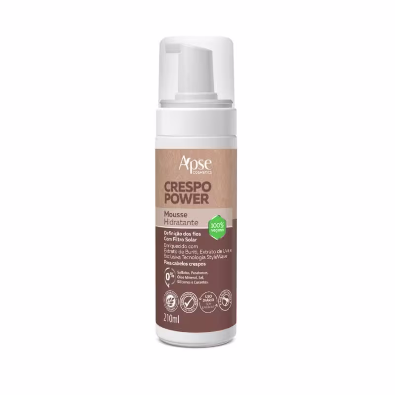 mousse hidratante da linha Crespo Power da marca Apice Cosmetics. A embalagem é um frasco branco com uma tampa branca e um rótulo bege com o nome do produto "Crespo Power" e informações sobre sua composição e benefícios.