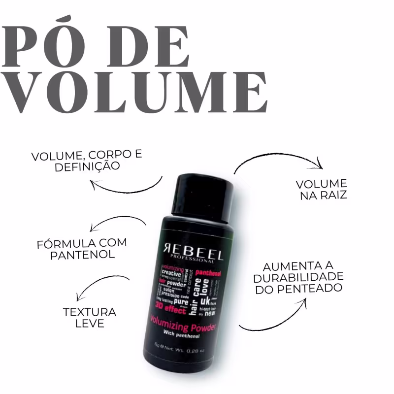 A imagem mostra informações sobre o produto. Ele é apresentado como um pó para dar volume, corpo e definição aos cabelos. A imagem exibe o frasco preto do produto destacando seus benefícios e maneira de atuar nos cabelos.