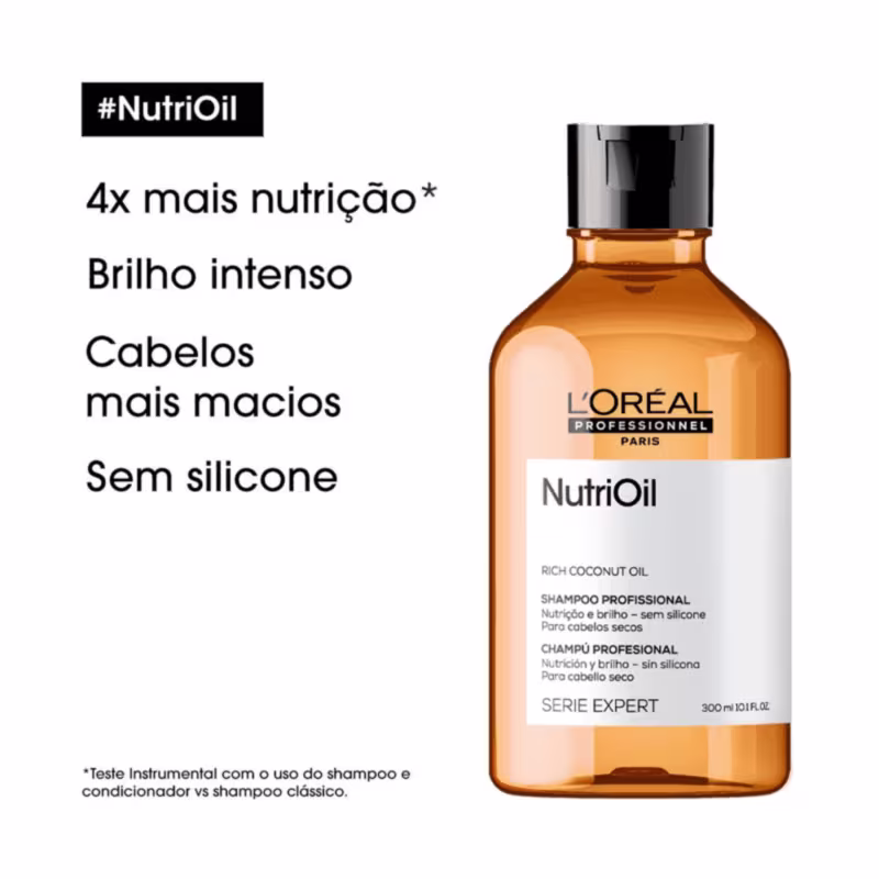 Imagem mostra o shampoo e ao lado texto destaca benefícios como: 4x mais nutrição, brilho intenso, cabelos mais macios, sem silicone.