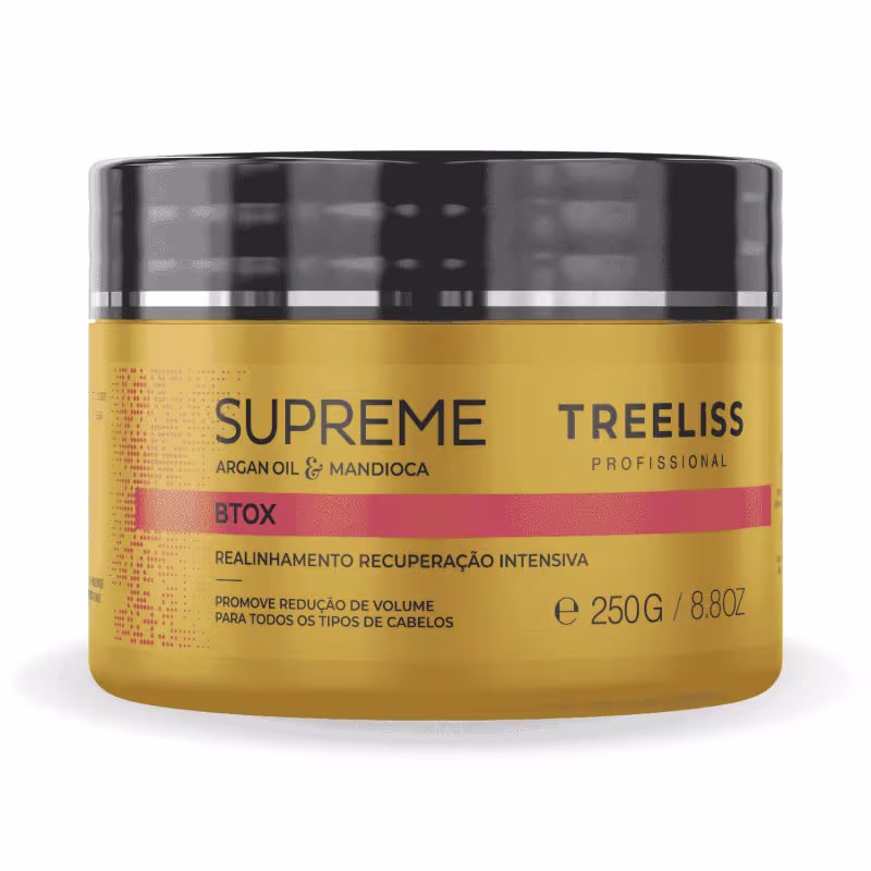 Produto de tratamento capilar Supreme TreeLiss Profissional BTOX. Rótulo amarelo com texto em preto "Supreme TreeLiss Profissional BTOX Argan Oil & Mandioca" e descrição em português "Realinhamento Recuperação Intensiva. Peso de 250g/8.8oz