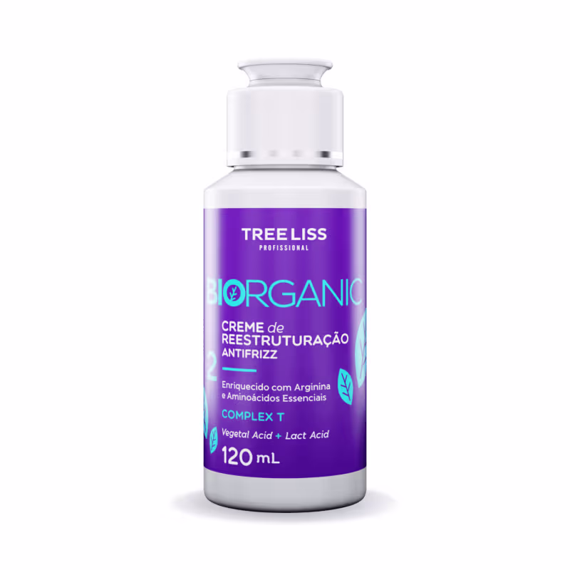 Produto de tratamento capilar TreeLiss Profissional Bio Organic. Frasco de 120ml com tampa branca. Rótulo roxo com texto descrevendo o produto como "Creme de Reestruturação Antifrizz".