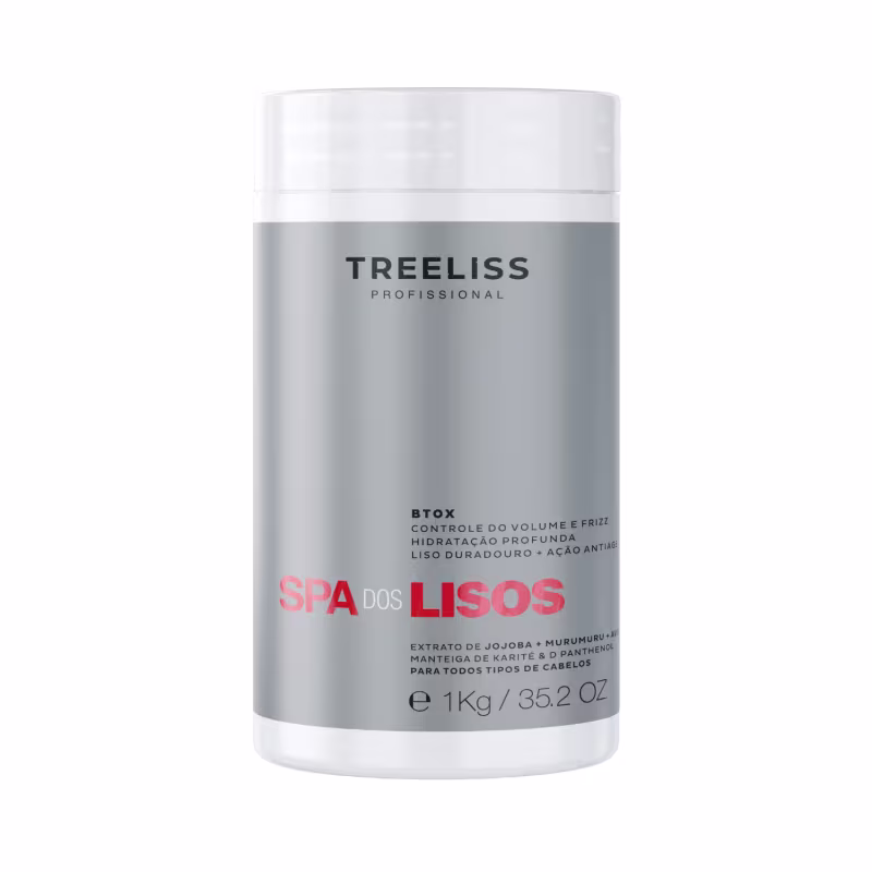Produto de tratamento capilar TreeLiss Profissional, embalagem cilíndrica branca e cinza. Rótulo com o nome da marca "TreeLiss Profissional" em letras pretas maiúsculas e o nome do produto "BTOX Spa dos Lisos" em letras vermelhas e pretas. Contém 1kg.