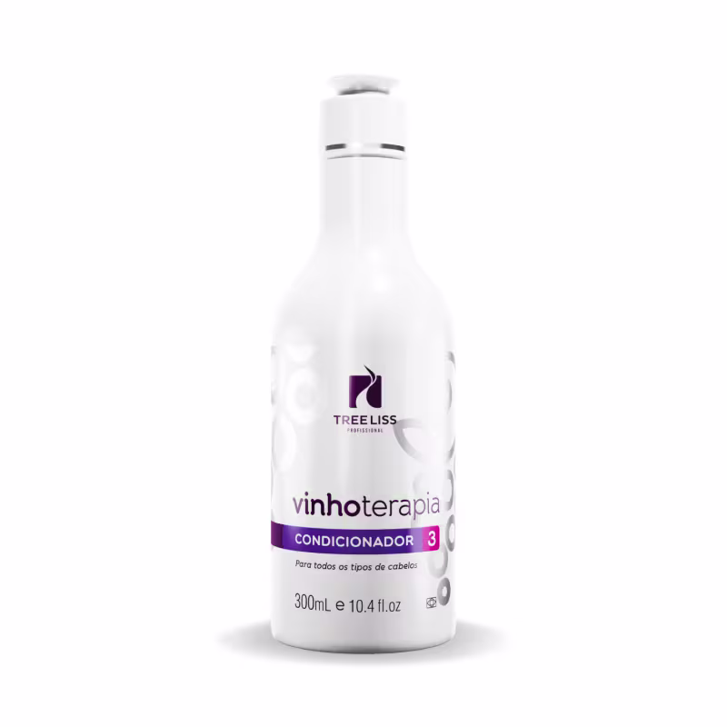Condicionador Vinhoterapia da marca TreeLiss Profissional. Frasco de 300ml. Rótulo branco com detalhes em roxo. Texto visível "vinhoterapia" e "condicionador 3" na parte frontal. Embalagem simples com design minimalista.