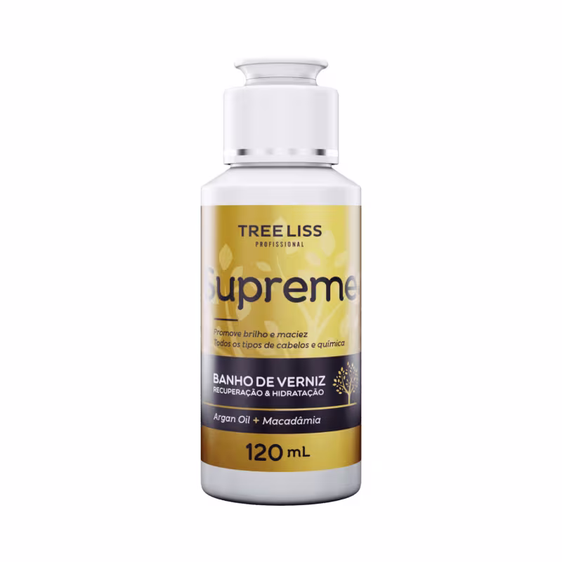 Produto de tratamento capilar Supreme da marca TreeLiss Profissional. Frasco plástico com tampa branca. Rótulo amarelo e preto com o nome "Supreme Banho de Verniz Recuperação & Hidratação" e informações sobre os ingredientes argan oil e macadâmia.