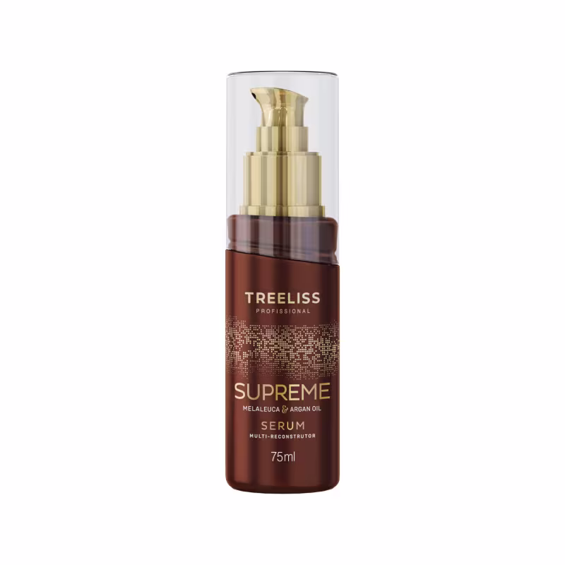Produto de tratamento capilar Treliss Profissional Supreme Serum Multi-Reconstrutor. Embalagem de frasco âmbar com bomba dosadora dourada. Rótulo marrom com detalhes em dourado, indicando que contém melaleuca e óleo de argan.