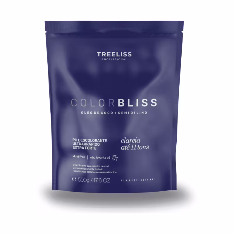 Produto de descoloração capilar em pó, da marca TreeLiss Profissional, linha ColorBliss. Embalagem plástica azul escura, com detalhes em laranja. Rótulo indica que é um pó descolorante ultrarrápido e extraforte, sem poeira.