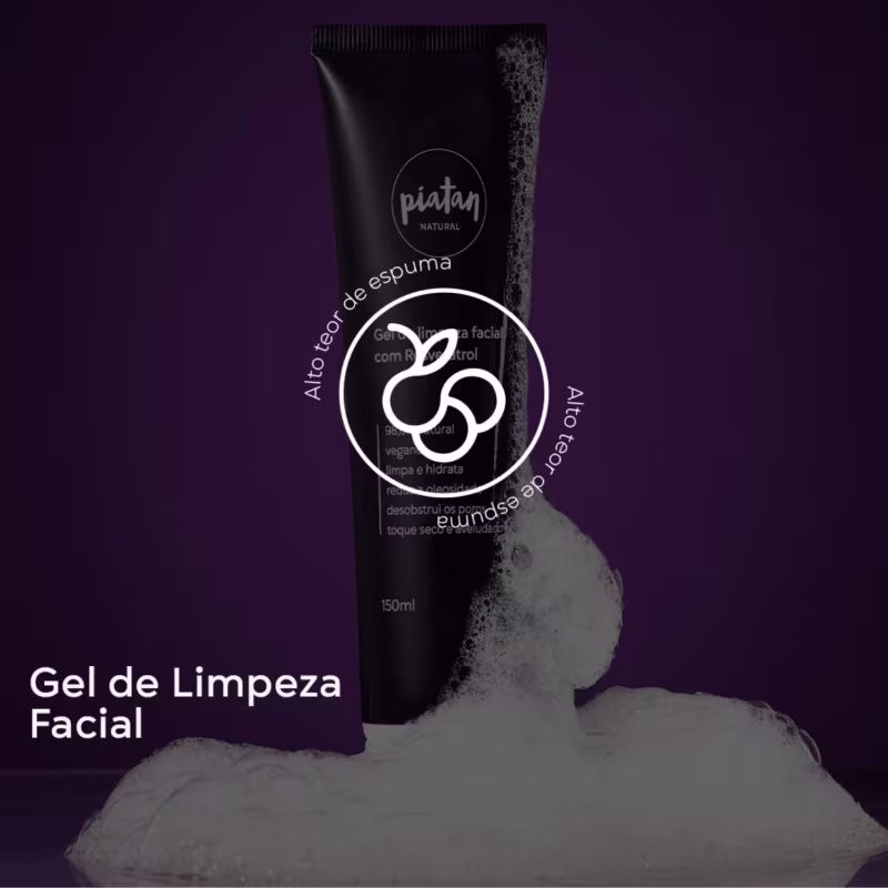 Gel de limpeza facial da marca Piatan Natural. Embalagem preta em tubo plástico de 150ml. Rótulo com logotipo da marca e informações do produto em português, como "Alto teor de espuma".