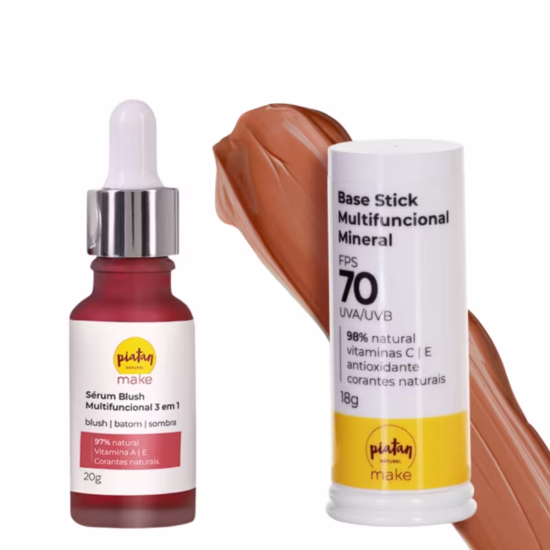 A imagem mostra o sérum e a base lado a lado e uma amostra de cor e textura da base ao fundo.