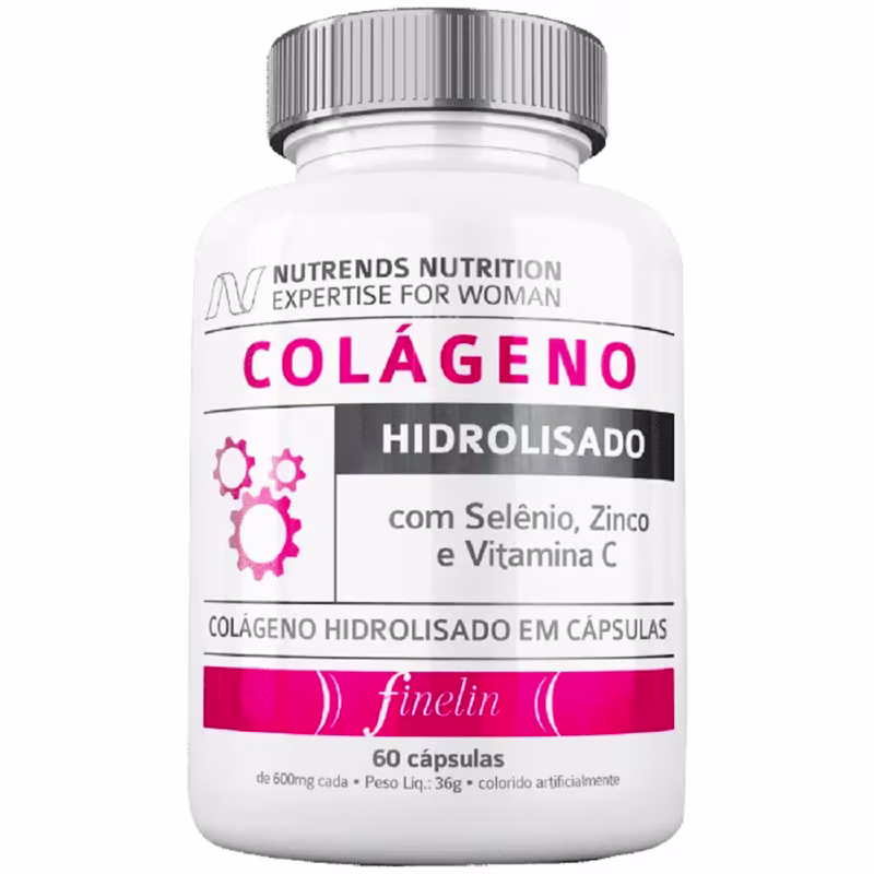 Suplemento alimentar da marca Nutrends, chamado "Colágeno Hidrolisado". Trata-se de uma embalagem de cápsulas em um frasco branco com rótulo rosa e cinza. O rótulo indica que o produto contém colágeno hidrolisado, além de selênio, zinco e vitamina C.