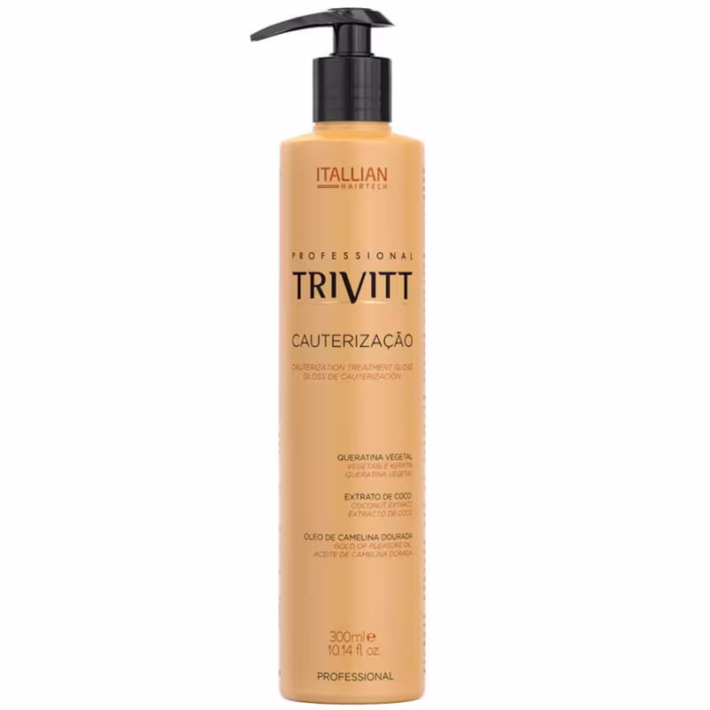 Produto de cauterização capilar da marca Itallian Hairtech. Embalagem plástica na cor bege, com bomba dosadora preta. 300ml.