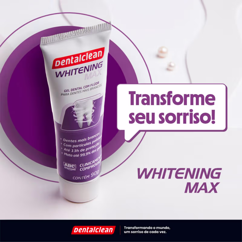 A imagem mostra o creme dental e o  ao lado texto promocional  destaca "Transforme seu sorriso!.
