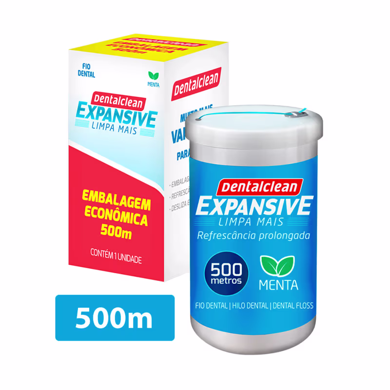 Produto de higiene bucal Dentalclean Expansive. Embalagem econômica de 500 metros de fio dental. Caixa retangular branca com detalhes em vermelho, amarelo e azul. Frasco cilíndrico azul e branco.