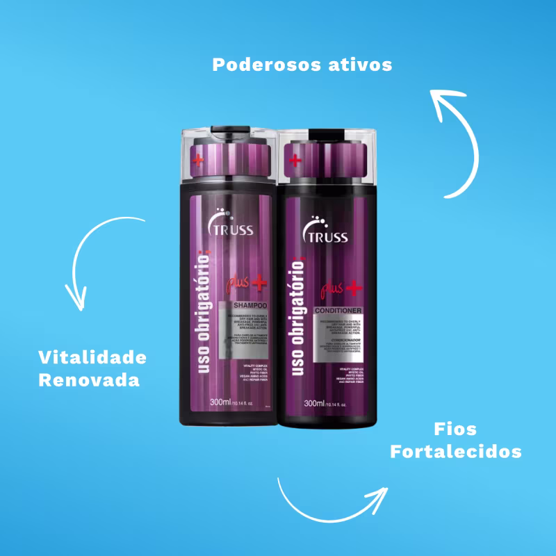 A imagem mostra o kit e ao lado textos destacam benefícios como: fios fortalecidos, vitalidade renovada, dentre outros.