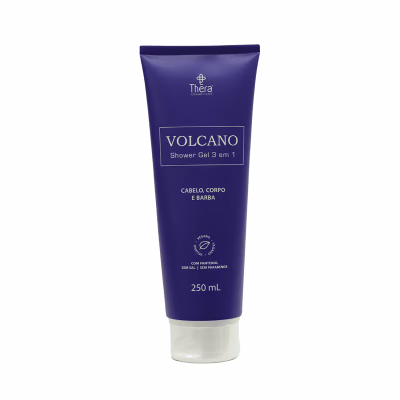 Shower Gel 3 em 1 Volcano da marca Thera Cosméticos. Embalagem plástica de cor azul marinho com detalhes em branco. Rótulo frontal com o nome do produto "Volcano Shower Gel 3 em 1" e a descrição "Cabelo, Corpo e Barba" em letras brancas.