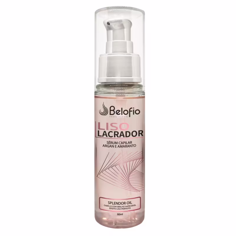 A imagem mostra o sérum capilar liso lacrador da marca Belofio Professional. Possui um frasco plástico transparente com bomba dosadora. Rótulo rosa com ilustração de geométrica estilizada em rosé gold.