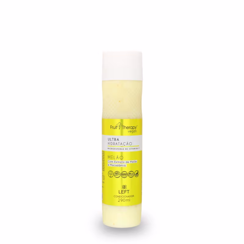 A imagem mostra um frasco amarelo e branco de condicionador da linha Fruit Therapy Vegan Melão. O frasco tem um design atraente, com cores vivas e informações detalhadas sobre benefícios, composição, além de certificações veganas e não testado em animais.