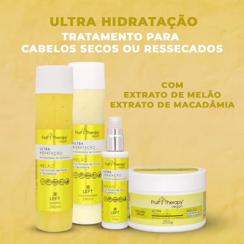 A imagem mostra a linha de produtos  Fruit Therapy Vegan Melão para cabelos secos ou ressecados. A foto traz o shampoo, condicionador, máscara e leave-in. Todos em frascos de cor branca com rótulo amarelo.