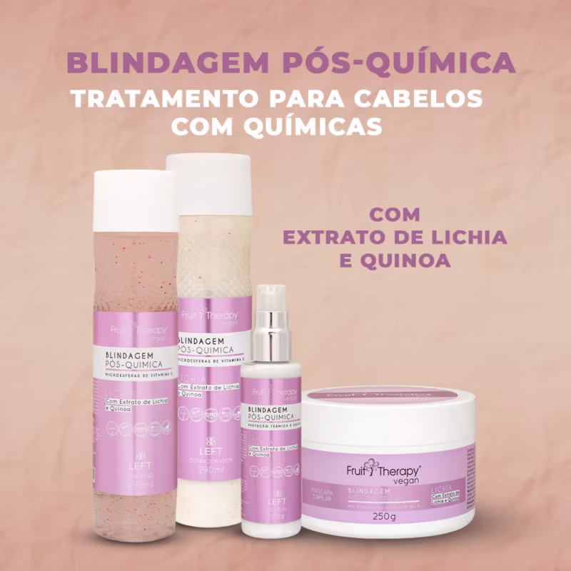 A imagem mostra os produtos da linha Fruit Therapy Vegan Lichia. A foto inclui shampoo, condicionador, máscara e protetor térmico. Todos os itens têm um design em tons de rosa e branco.