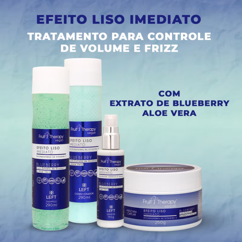 A imagem mostra a linha de produtos Fruit Therapy Vegan Blueberry Efeito Liso Imediato. A foto traz um shampoo, condicionador, leave-in e máscara de tratamento. Todos com um rótulo azul.