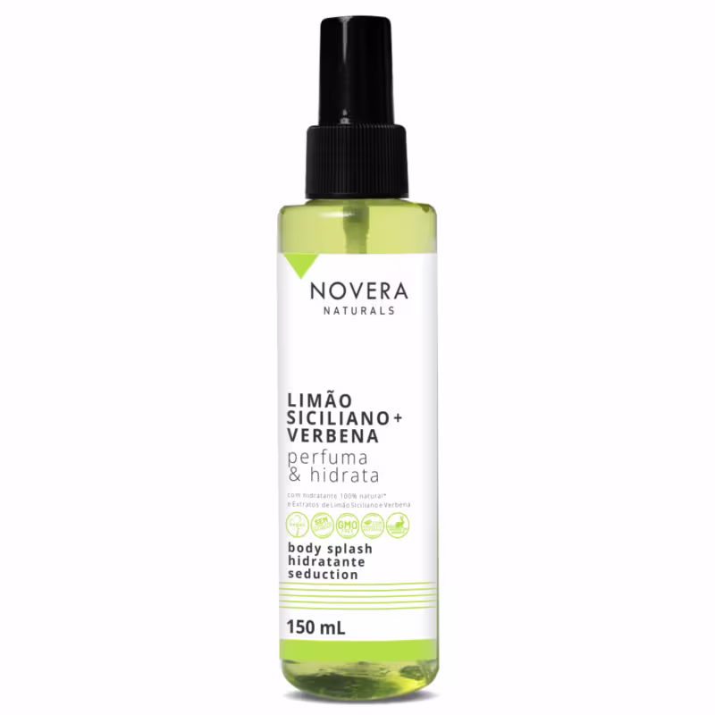 A imagem mostra o body splash Novera Naturals com fragrância de limão siciliano e verbena. O frasco é de 150ml, transparente, permitindo ver o líquido verde claro dentro. Há também logos indicando que é vegano, natural e não testado em animais.