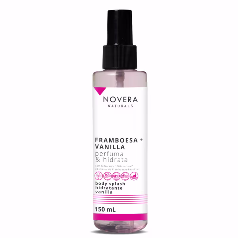 A imagem mostra o body splash Novera Naturals Framboesa + Vanilla. O frasco é de 150ml, transparente, permitindo ver o líquido rosa claro dentro. Há também logos indicando que é vegano, natural e não testado em animais.