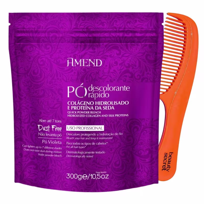 Kit Pó Descolorante Amend Rápido Colágeno Hidrolisado 300g e Pente Beauty Secret