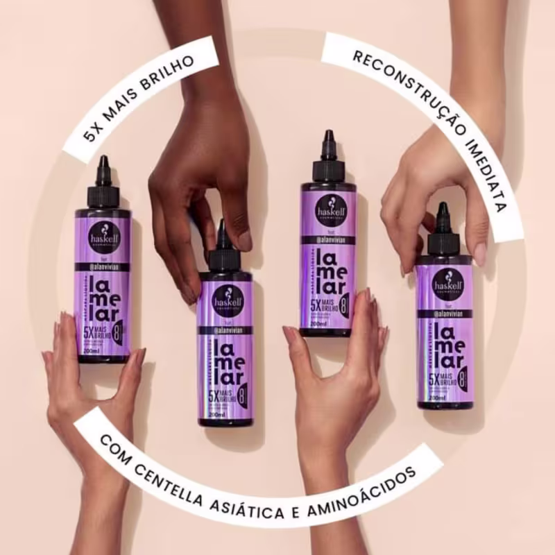 O produto apresentado é uma linha de tratamento capilar da marca Haskell. São frascos plásticos de cor roxa com tampa preta contendo um líquido transparente.