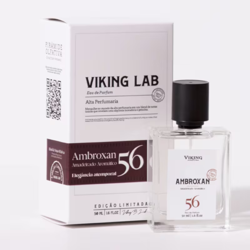 Perfume Viking Ambroxan 56 em edição limitada. Frasco de vidro transparente contendo o líquido perfumado. Embalagem externa branca com detalhes em preto, incluindo o nome do produto "Viking Lab".