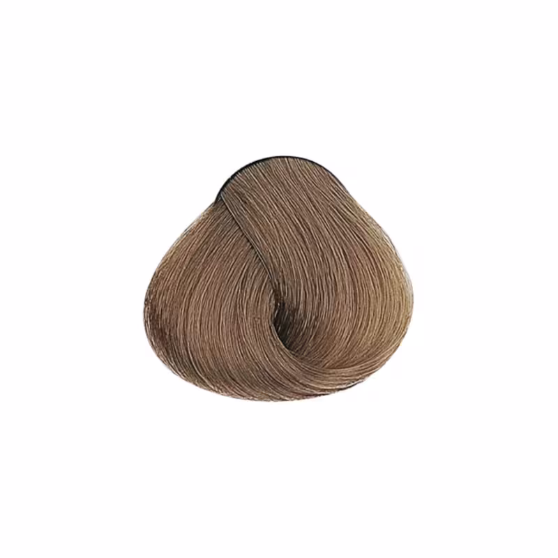 A textura do produto Alfaparf Milano apresenta fios uniformes e sedosos, com uma coloração castanha clara, sugerindo uma tonalidade natural e sutil.