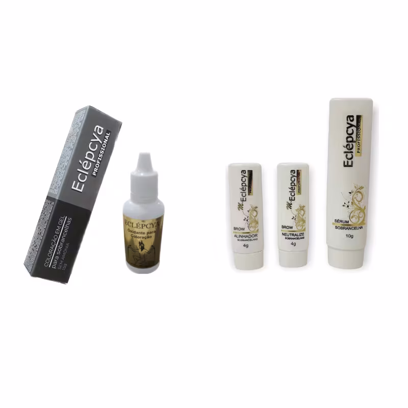 A imagem mostra uma linha de produtos de maquiagem da marca Eclépcya. Há um frasco contendo um oxidante, outro uma coloração e três pequenos tubos com uma fórmula para sobrancelhas, sendo dois deles para alinhamento e um sérum para sobrancelhas.