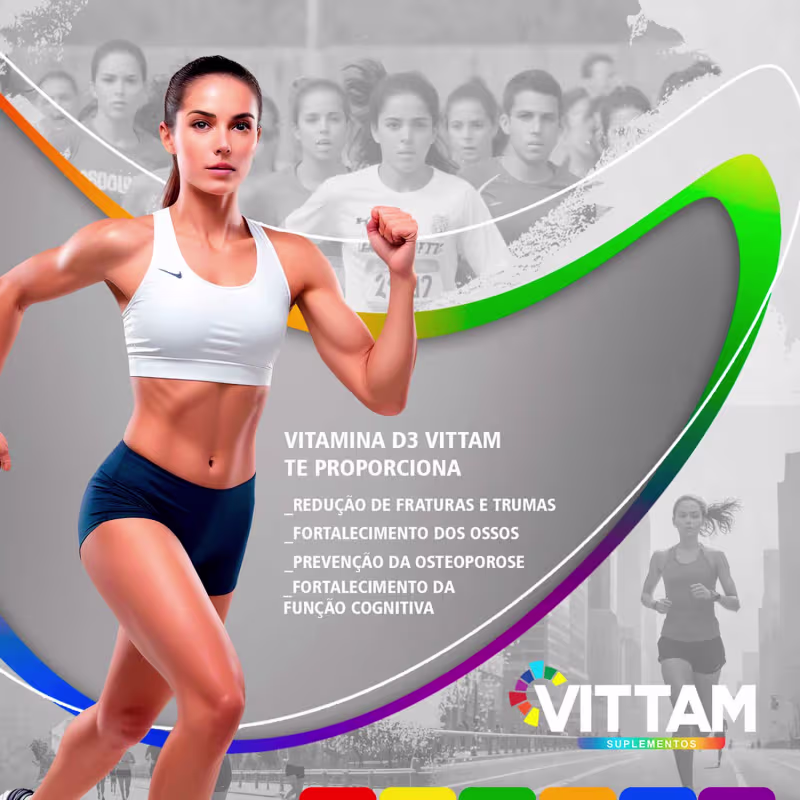 A imagem mostra uma mulher correndo e informações sobre o que a vitamina D3 pode proporcionar.