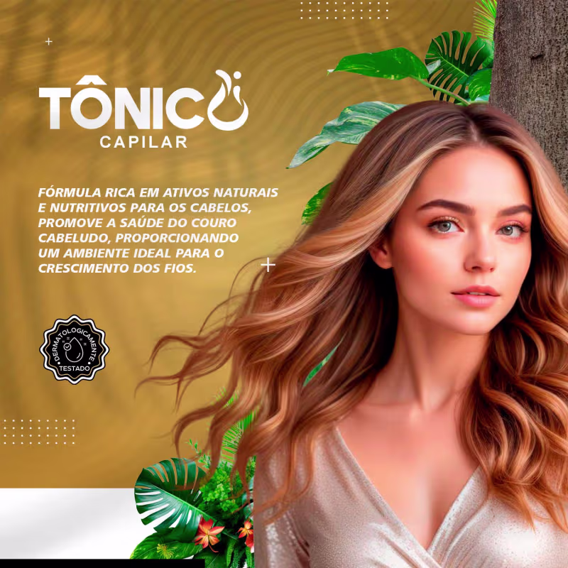 A imagem mostra  uma mulher com cabelos longos  e informações sobre a fórmula do tônico e o que ele proporciona.