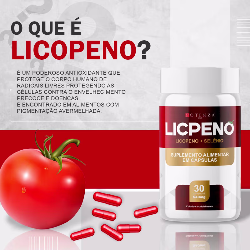 A imagem mostra o pote do produto com um tomate próximo, algumas cápsulas e informações sobre o que é licopeno.