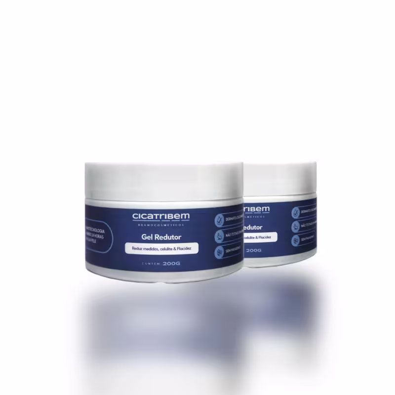 Dois potes brancos com rótulos azuis da marca Cicatribem, contendo "Gel Redutor" para reduzir medidas, celulite e flacidez. Cada pote possui 200g de produto.