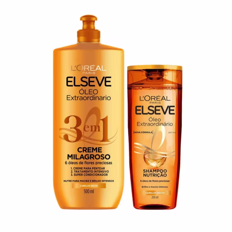 Kit Elseve L’Oréal Paris Óleo Extraordinário Shampoo 200ml + Creme Milagroso 3em 500ml (2 produtos)