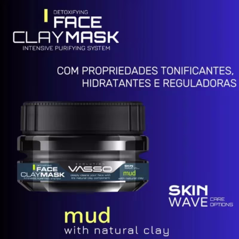 Máscara de Argila Clay Mud, Vasso Men, Tonifica Hidrata Reduz Óleo e Poluição Pele  250ML