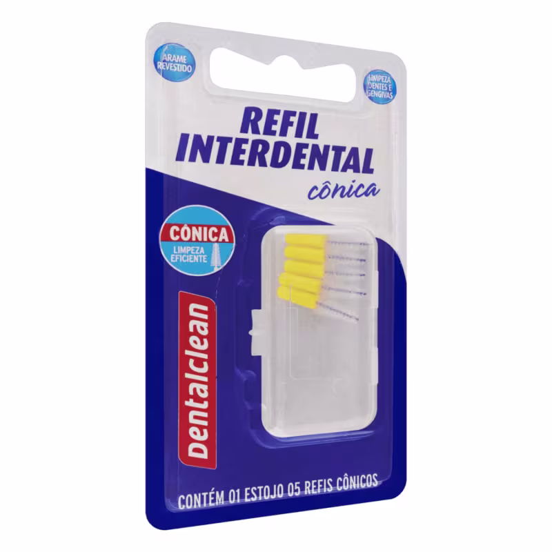 Refil interdental cônico da marca Dentalclean. Embalagem plástica transparente com moldura azul e vermelha. Contém 5 cones amarelos para limpeza interdental. Cores predominantes são azul, vermelho, amarelo e branco.