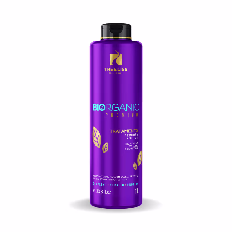 Produto de tratamento capilar da linha Biorganic Premium da marca TreeLiss Profissional. Embalagem plástica cilíndrica de cor roxa com tampa preta. Rótulo com o logotipo da marca, nome da linha "Biorganic Premium" e descrição "Tratamento Redução Volume".