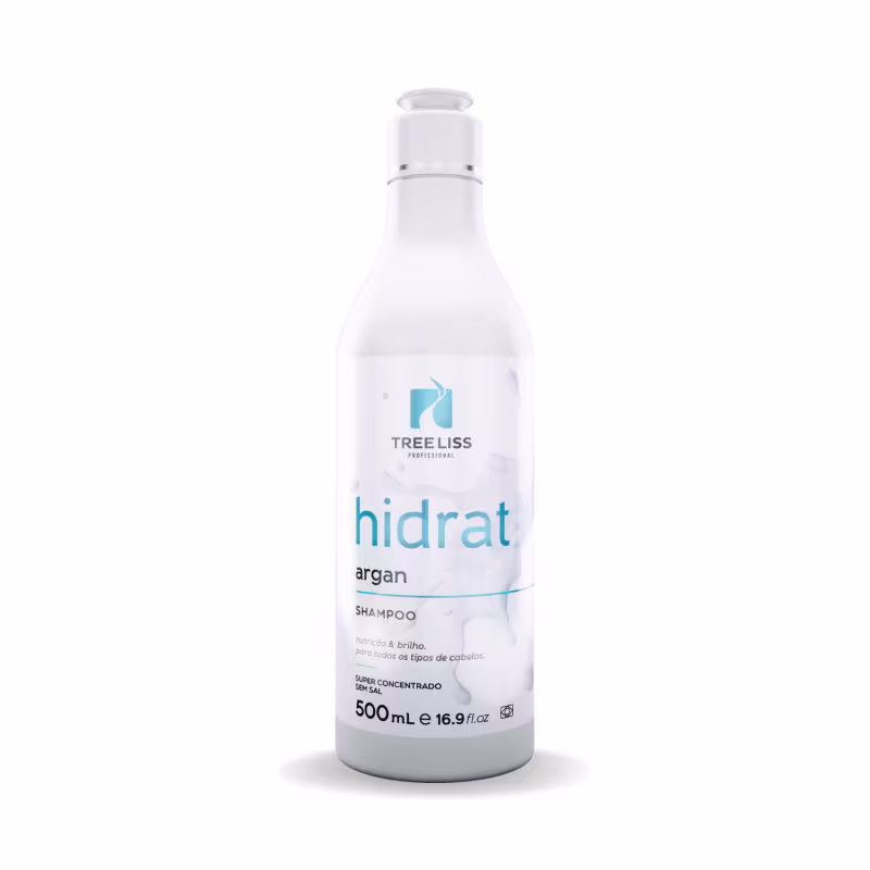 Shampoo hidratante com argan da linha TreeLiss Professional. Embalagem plástica de 500ml. Rótulo branco com texto azul "hidrat argan Shampoo" e o logotipo da marca TreeLiss.