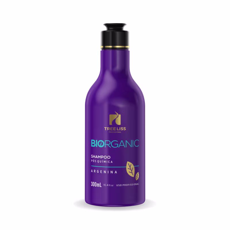 Shampoo Biorganic da marca TreeLiss Profissional. Embalagem plástica roxa com tampa preta. Rótulo com o logotipo da marca em dourado e detalhes em verde folhagem.