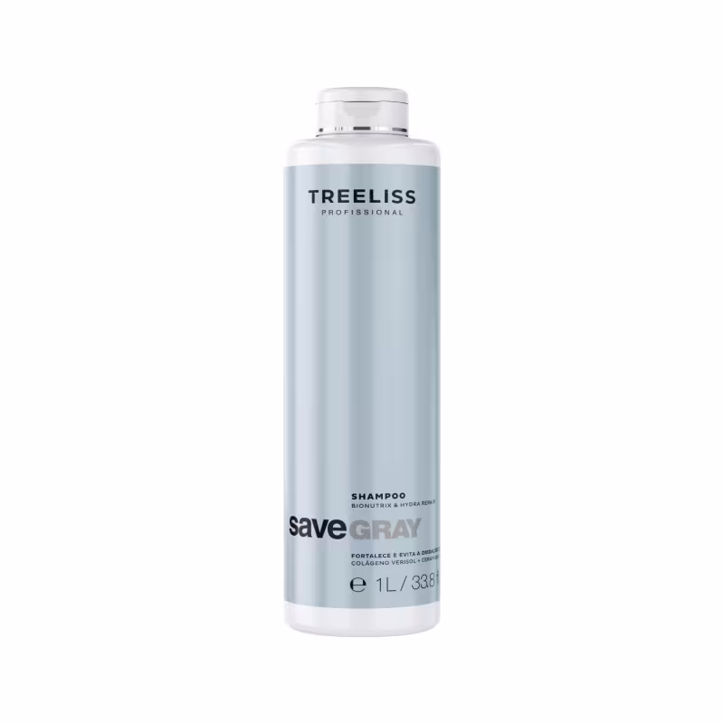 Shampoo SaveGray da marca TreeLiss Profissional. Embalagem de plástico em formato de frasco com tampa branca. Rótulo cinza com texto preto "TreeLiss Profissional" e "SaveGray Shampoo Bionutrix & Hydra Repair".