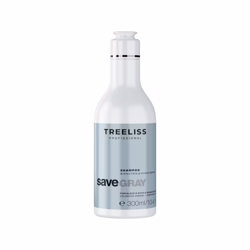 Shampoo SaveGray da marca TreeLiss Profissional. Embalagem de plástico transparente em formato de frasco com tampa branca. Rótulo cinza com texto preto "TreeLiss Profissional" e "SaveGray Shampoo Bionutrix & Hydra Repair".