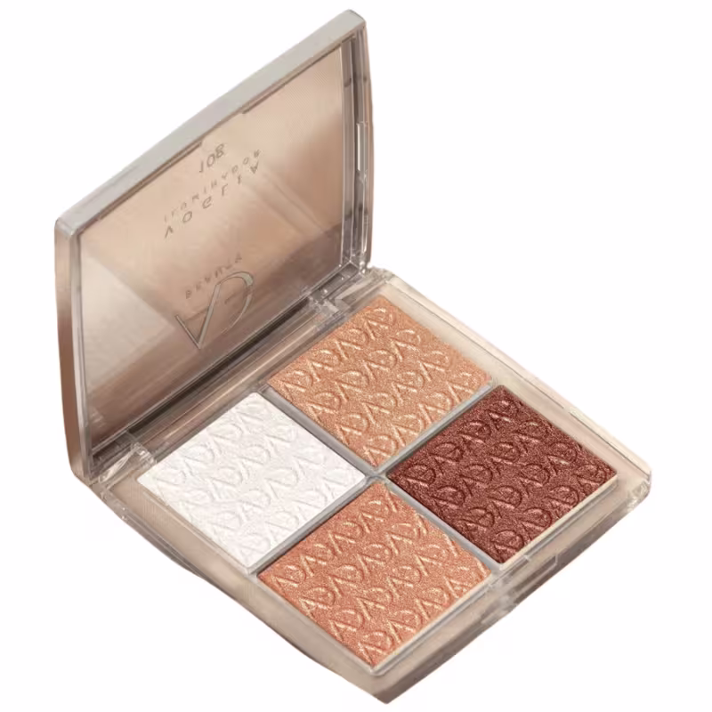Paleta de iluminadores da marca Alyce Gontijo. São quatro cores com um acabamento metalizado. Branco, marrom e dois tons de cobre.
