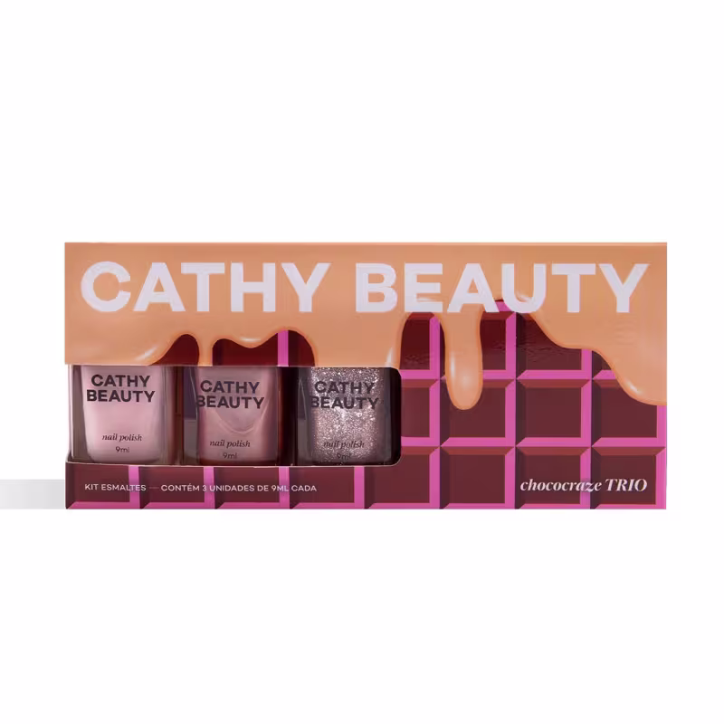 Kit de esmaltes Cathy Beauty com 3 unidades de 9ml cada, em embalagem laranja com texto branco "CATHY BEAUTY" e detalhes em rosa e marrom.
