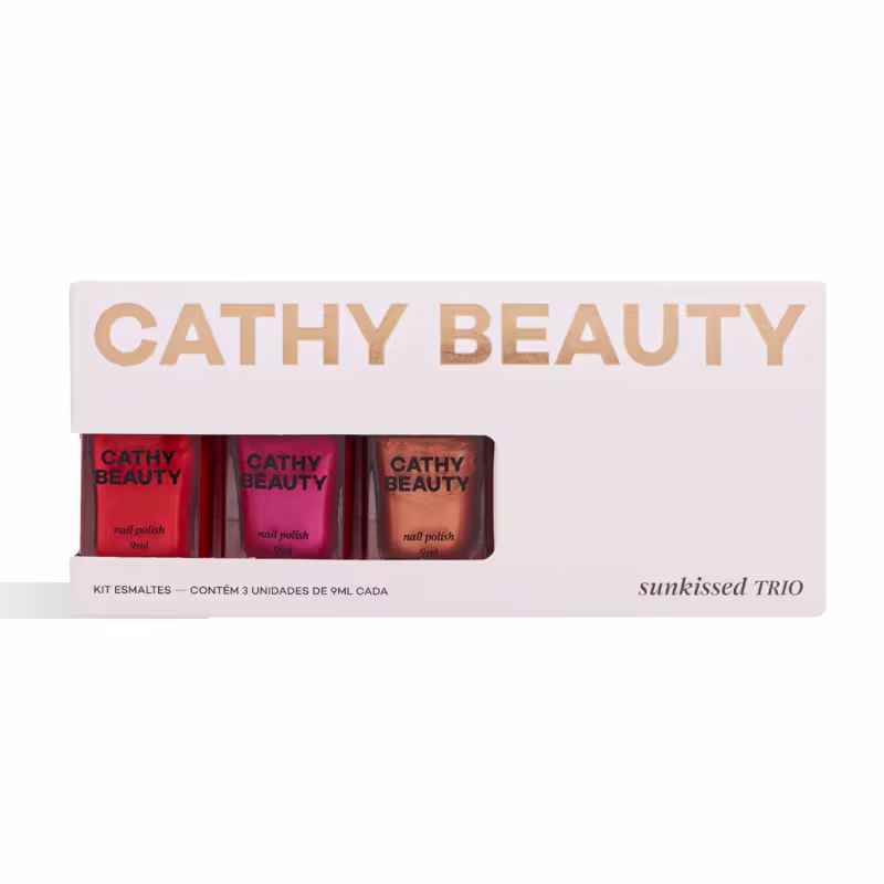 Kit de esmaltes Cathy Beauty contendo 3 frascos de 9ml cada, em embalagem branca com o texto "CATHY BEAUTY" em letras douradas. Os frascos possuem rótulos vermelhos com o nome da marca.