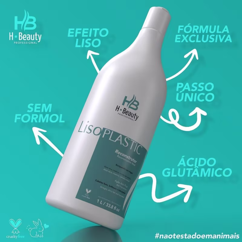 Produto de tratamento capilar Lisoplastic da linha H.Beauty Professional. Rótulo com o nome do produto e detalhes como "Reconstrutor" e "Ácido Glutâmico". Texto indicando benefícios como "Efeito Liso", "Fórmula Exclusiva", "Passo Único" e "Sem Formol".