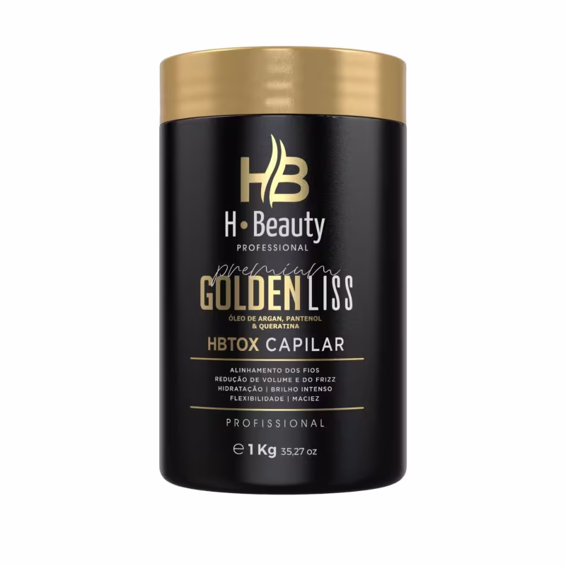 Tratamento capilar HBeauty Professional Golden Liss. Embalagem preta com detalhes em dourado. Frasco de 1kg com tampa dourada. Rótulo com o nome do produto "Golden Liss" em letras douradas, descrevendo que contém óleo de argan, pantenol e queratina.