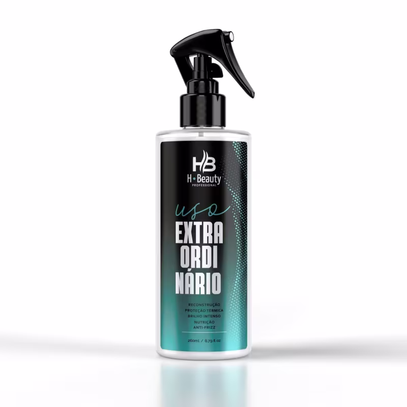 Produto de tratamento capilar com spray acionado por bomba. Embalagem de 260ml com rótulo preto e detalhes em degradê de azul e verde. Texto "Uso Extra Ordinario" em destaque, indicando linha ou benefício do produto.